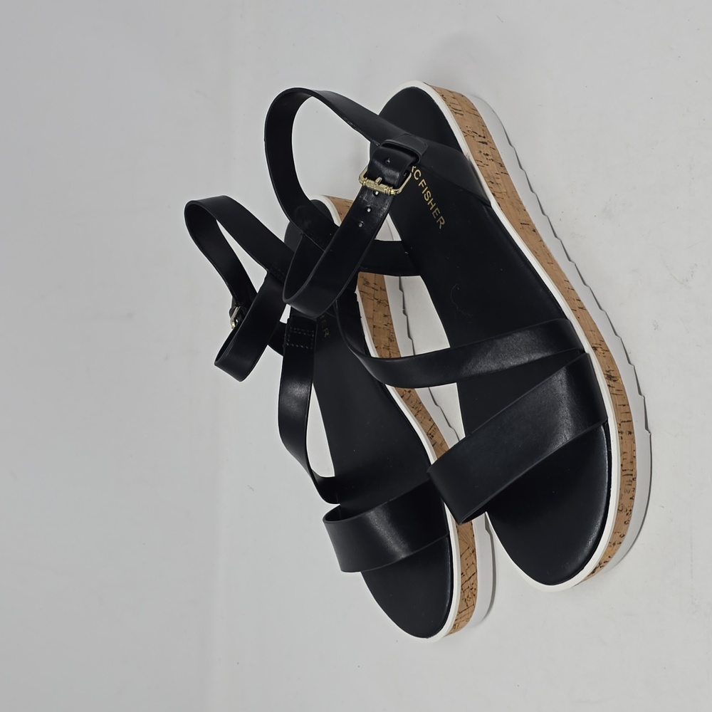 Marc Fisher Women's Mfgrandie Wedge Sandal Black Faux Leather Size 8